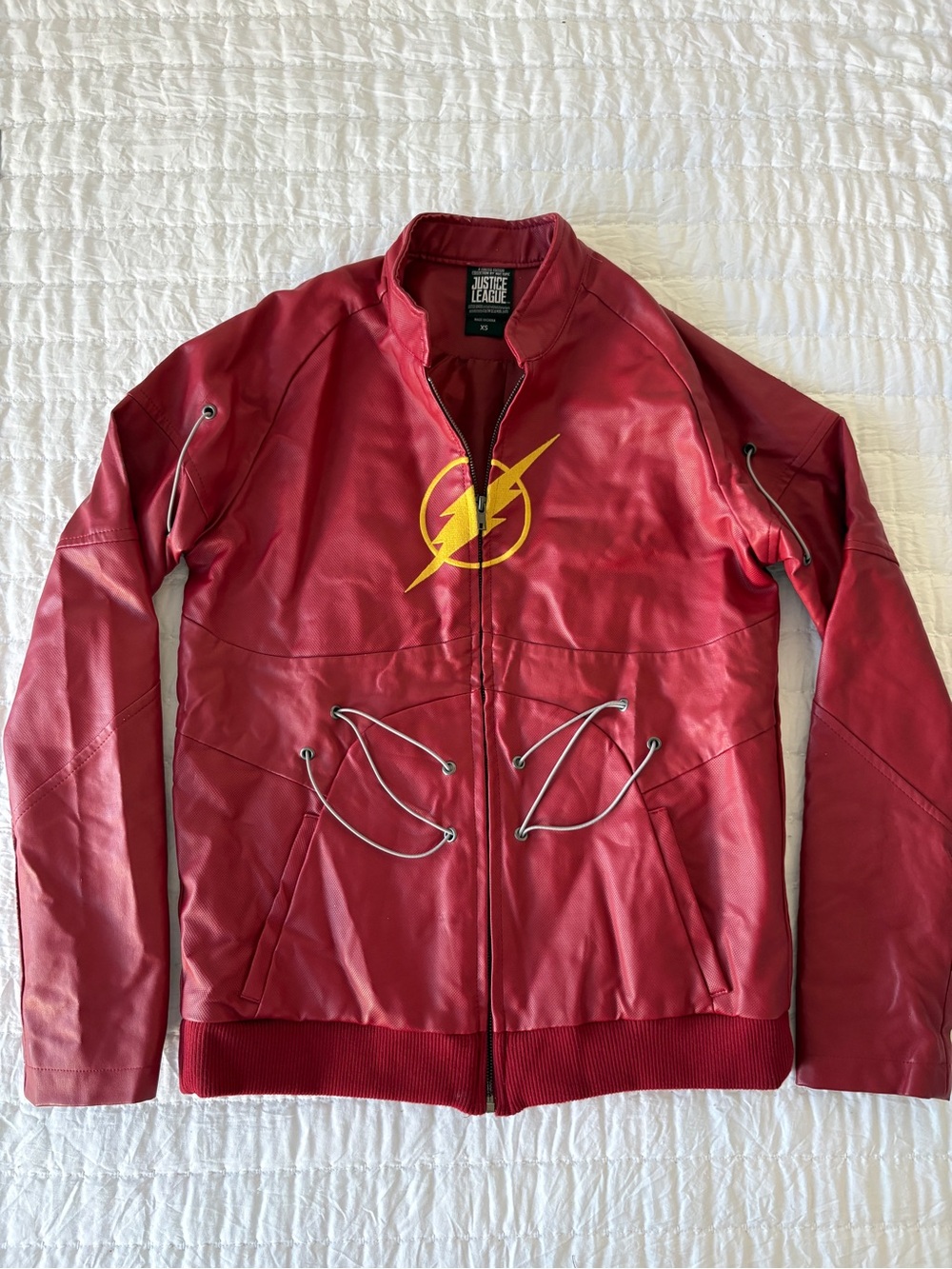 Hot Topic Limited EditionRed Faux Leather Flash Bomber Jacket with Yellow Emblem